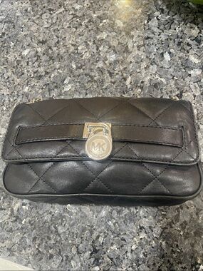 Michael Kors Quilted Black Leather Crossbody with silver MK Medallion